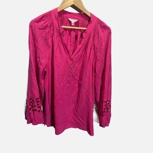 Lilly Pulitzer Pink 100% Silk Eyelet Sleeve‎ Smocked Blouse Top Large